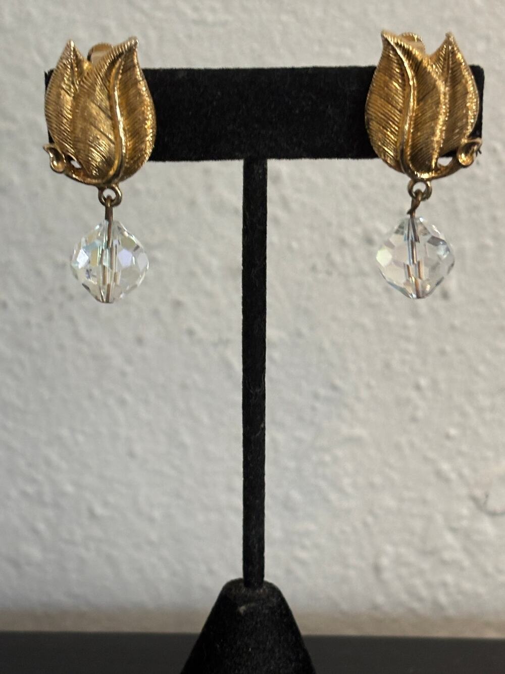 Vintage Vendome AB Crystal Clip On Earrings Gold Tone Leaves Dangle